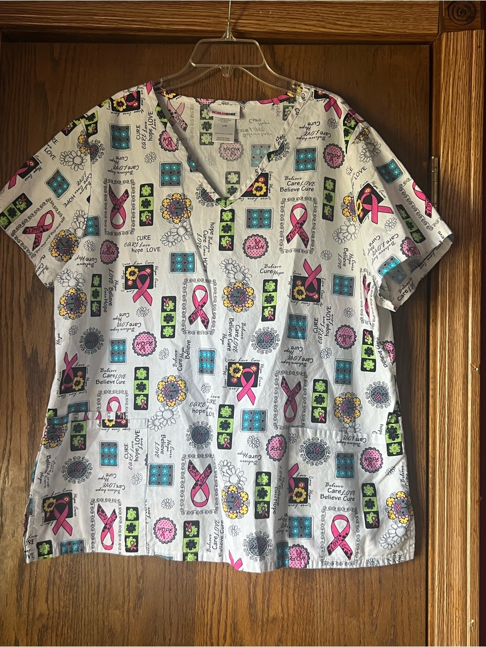 Unbranded Kids White Medical Scrub Top with Pink Ribbon Print large
